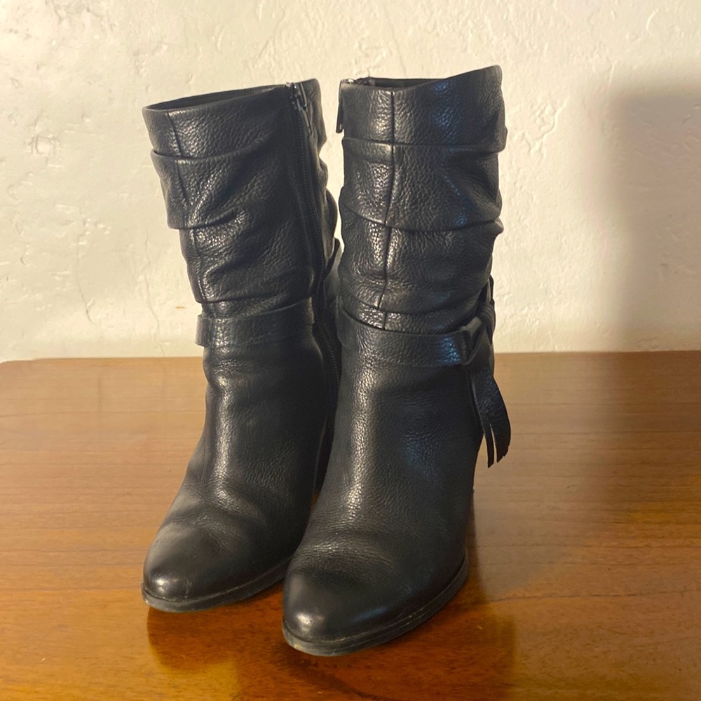 Guess 5.5 Black Textured Leather Boot with Fringe detail.